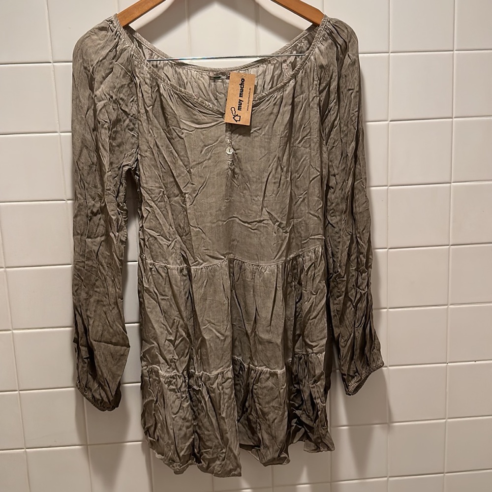 Muy Mucho Pheasant Tunic Top Size S/M Made In Italy 100%Viscous Brown Scoop Neck